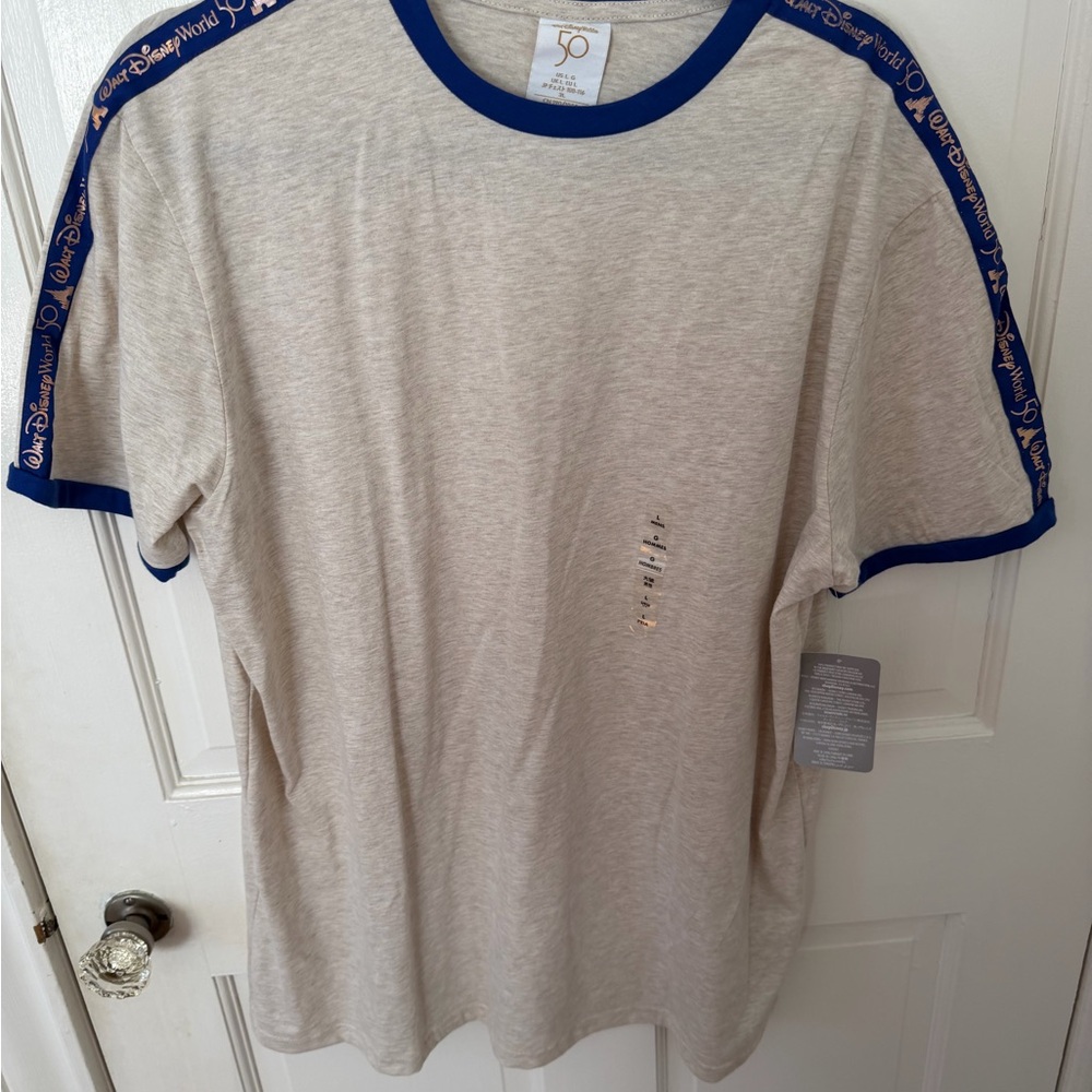 Disney Men's Cream T-Shirt with Blue Trim